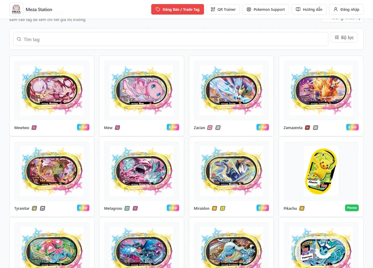 Phần đầu catalog Meza Station với ô tìm kiếm, bộ lọc và các tag đầu tiên
