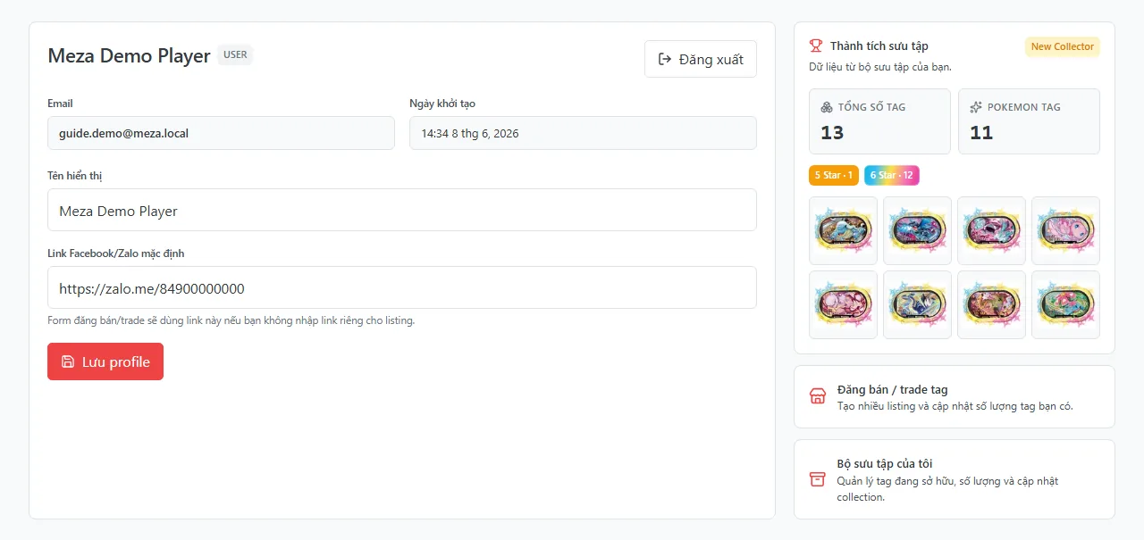 Form profile hiển thị tên và link liên hệ mặc định