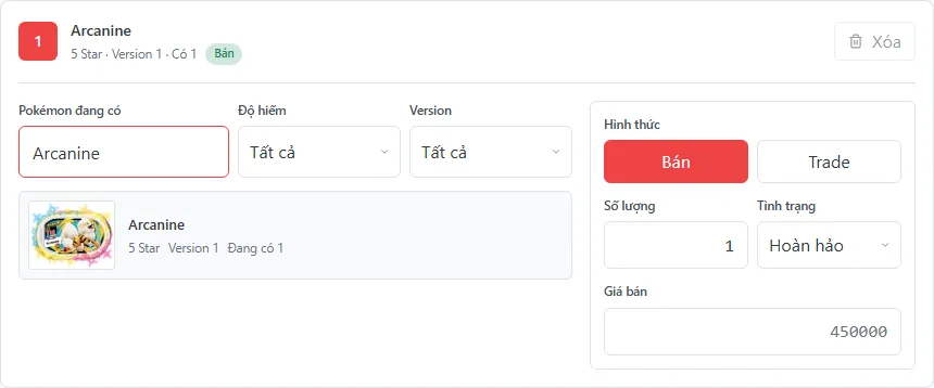 Dòng form đăng bán tag với tag đã chọn, hình thức bán, số lượng và giá