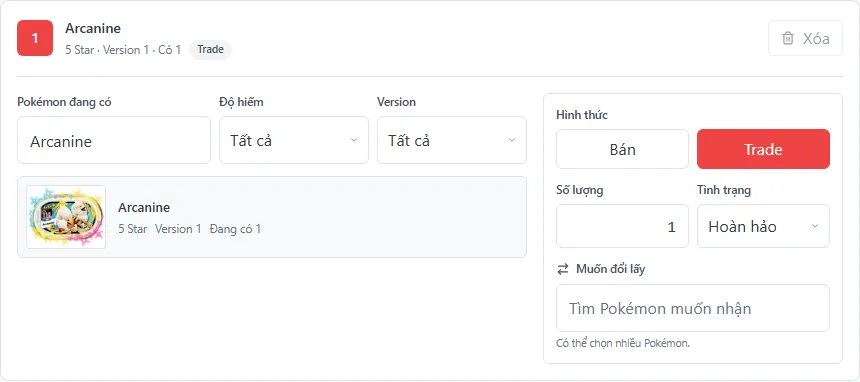 Dòng form listing ở chế độ Trade với bộ chọn tag muốn đổi lấy