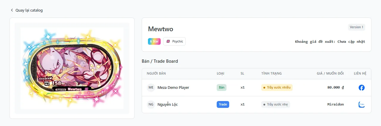 Khu vực chi tiết tag và Bán / Trade Board với nút liên hệ dạng icon